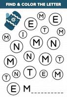 Education game for children find and color letter M for mitten printable winter worksheet vector