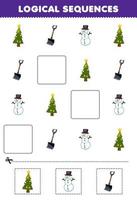 Education game for children logical sequences for kids with cute cartoon christmas tree shovel snowman printable winter worksheet vector