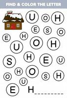 Education game for children find and color letter H for snowy house printable winter worksheet vector
