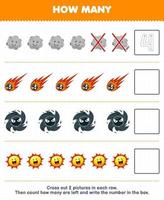 Education game for children count how many cute cartoon planet comet black hole sun and write the number in the box printable solar system worksheet vector