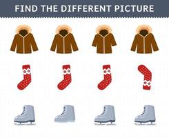 Education game for children find the different picture in each row of cute cartoon jacket sock ice skating shoe printable winter worksheet vector