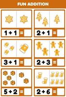 Education game for children fun addition by counting and sum of cute cartoon gingerbread cookie printable winter worksheet vector