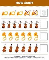 Education game for children count how many cartoon sousaphone violin horn cello and write the number in the box printable music instrument worksheet vector