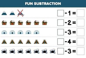 Education game for children fun subtraction by counting cute cartoon igloo house den each row and eliminating it printable winter worksheet vector