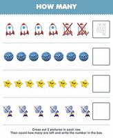 Education game for children count how many cute cartoon rocket planet star radar and write the number in the box printable solar system worksheet vector