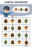 Education game for children logical sequence help boy sort pinecone and acorn from start to finish printable winter worksheet vector