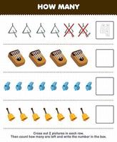 Education game for children count how many cartoon triangle kalimba whistle bell and write the number in the box printable music instrument worksheet vector