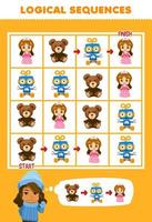 Education game for children logical sequence help girl sort teddy bear robot and doll from start to finish printable winter worksheet vector