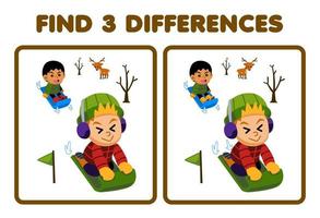 Education game for children find three differences between two cute cartoon kids playing sled printable winter worksheet vector