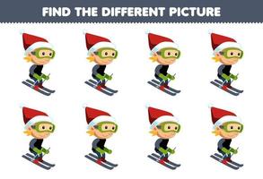 Education game for children find the different picture of cute cartoon boy playing ski printable winter worksheet vector