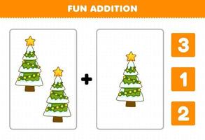 Education game for children fun addition by count and choose the correct answer of cute cartoon christmas tree printable winter worksheet vector