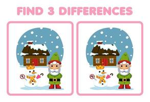 Education game for children find three differences between two cute cartoon dwarf and snowman in front of snowy house printable winter worksheet vector