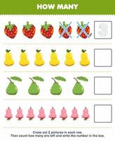 Education game for children count how many cartoon strawberry pear guava cashew and write the number in the box printable fruit worksheet vector