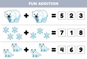 Education game for children fun addition by guess the correct number of cute cartoon polar bear snowflake arctic fox printable winter worksheet vector