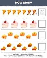 juego educativo para niños cuente cuántos dibujos animados pastel de pizza pastel de queso y escriba el número en el cuadro hoja de trabajo de alimentos imprimible vector