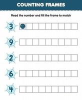 Educational game for kids read the number and fill the frames from cute cartoon snowflake printable winter worksheet vector