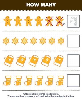 Education game for children count how many cute cartoon gingerbread cookie with snowflake mitten sock shape and write the number in the box printable winter worksheet vector