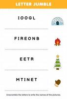 Education game for children letter jumble write the correct name for cute cartoon igloo bonfire tree mitten printable winter worksheet vector