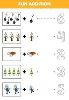 juego educativo para niños divertido contar y agregar una pala de dibujos animados más árbol de navidad trineo niño jugando patinaje sobre hielo y luego elegir el número correcto hoja de trabajo de invierno vector