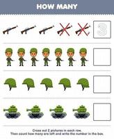 Education game for children count how many cute cartoon gun soldier helm tank and write the number in the box printable profession worksheet vector