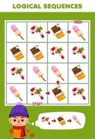 Education game for children logical sequence help boy sort candy chocolate and marshmallow from start to finish printable winter worksheet vector