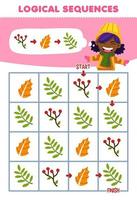 Education game for children logical sequence help girl sort leaf from start to finish printable winter worksheet vector