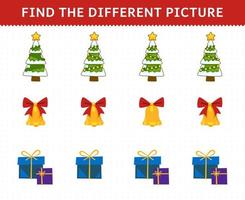 Education game for children find the different picture in each row of cute cartoon christmas tree bell gift box printable winter worksheet vector