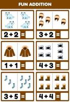 Education game for children fun addition by counting and sum of cute cartoon arctic fox hat jacket den sock boot printable winter worksheet vector