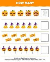 Education game for children count how many cute cartoon pumpkin corn candy and write the number in the box printable halloween worksheet vector