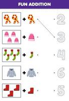 Education game for children fun counting and add one more cartoon scarf beanie sock hoodie boot then choose the correct number winter worksheet vector