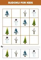 juego educativo para niños sudoku para niños con dibujos animados lindo árbol de navidad muñeco de nieve hoja de trabajo de invierno imprimible vector