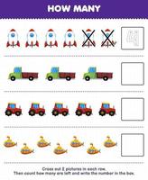Education game for children count how many cute cartoon rocket pickup truck tractor submarine and write the number in the box printable transportation worksheet vector