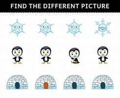 Education game for children find the different picture in each row of cute cartoon snowflake penguin igloo printable winter worksheet vector