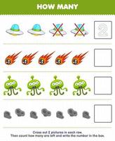 Education game for children count how many cute cartoon ufo comet alien asteroid and write the number in the box printable solar system worksheet vector