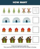 Education game for children count how many cute cartoon christmas tree igloo bonfire house and write the number in the box printable winter worksheet vector