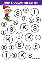 Education game for children find and color letter S for boy playing ski printable winter worksheet vector
