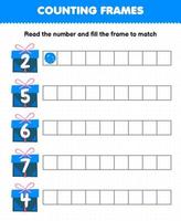 Educational game for kids read the number and fill the frames from cute cartoon blue gift box printable winter worksheet vector