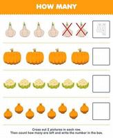 Education game for children count how many cartoon garlic pumpkin cauliflower onion and write the number in the box printable vegetable worksheet vector