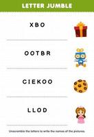 Education game for children letter jumble write the correct name for cute cartoon box robot cookie doll printable winter worksheet vector