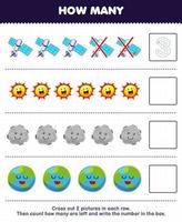 Education game for children count how many cute cartoon satellite sun planet and write the number in the box printable solar system worksheet vector