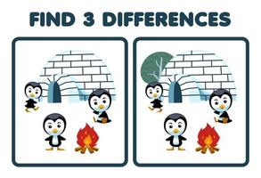 juego educativo para niños encuentra tres diferencias entre dos lindos pingüinos de dibujos animados frente a la hoja de trabajo de invierno imprimible de iglú vector