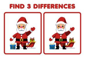 Education game for children find three differences between two cute cartoon santa printable winter worksheet vector
