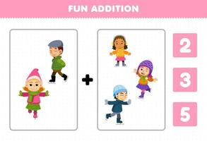 Education game for children fun addition by count and choose the correct answer of cute cartoon boy and girl playing ice skating printable winter worksheet vector