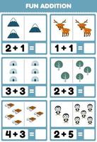 Education game for children fun addition by counting and sum of cute cartoon mountain deer igloo tree sled penguin printable winter worksheet vector