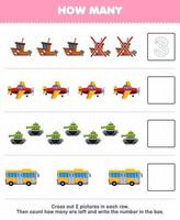 Education game for children count how many cute cartoon ship airplane tank bus and write the number in the box printable transportation worksheet vector