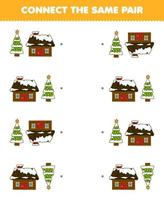 juego educativo para niños conecta la misma imagen del lindo árbol de navidad de dibujos animados y la hoja de trabajo de invierno imprimible del par de casas nevadas vector