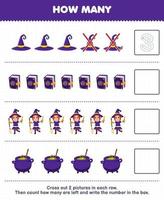 Education game for children count how many cute cartoon witch hat spell book cauldron and write the number in the box printable halloween worksheet vector