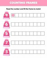 Educational game for kids read the number and fill the frames from cute cartoon pink beanie hat printable winter worksheet vector