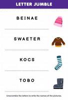 Education game for children letter jumble write the correct name for cute cartoon beanie sweater sock boot printable winter worksheet vector