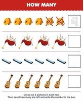 Education game for children count how many cartoon cymbal bagpipes harmonica guitar and write the number in the box printable music instrument worksheet vector